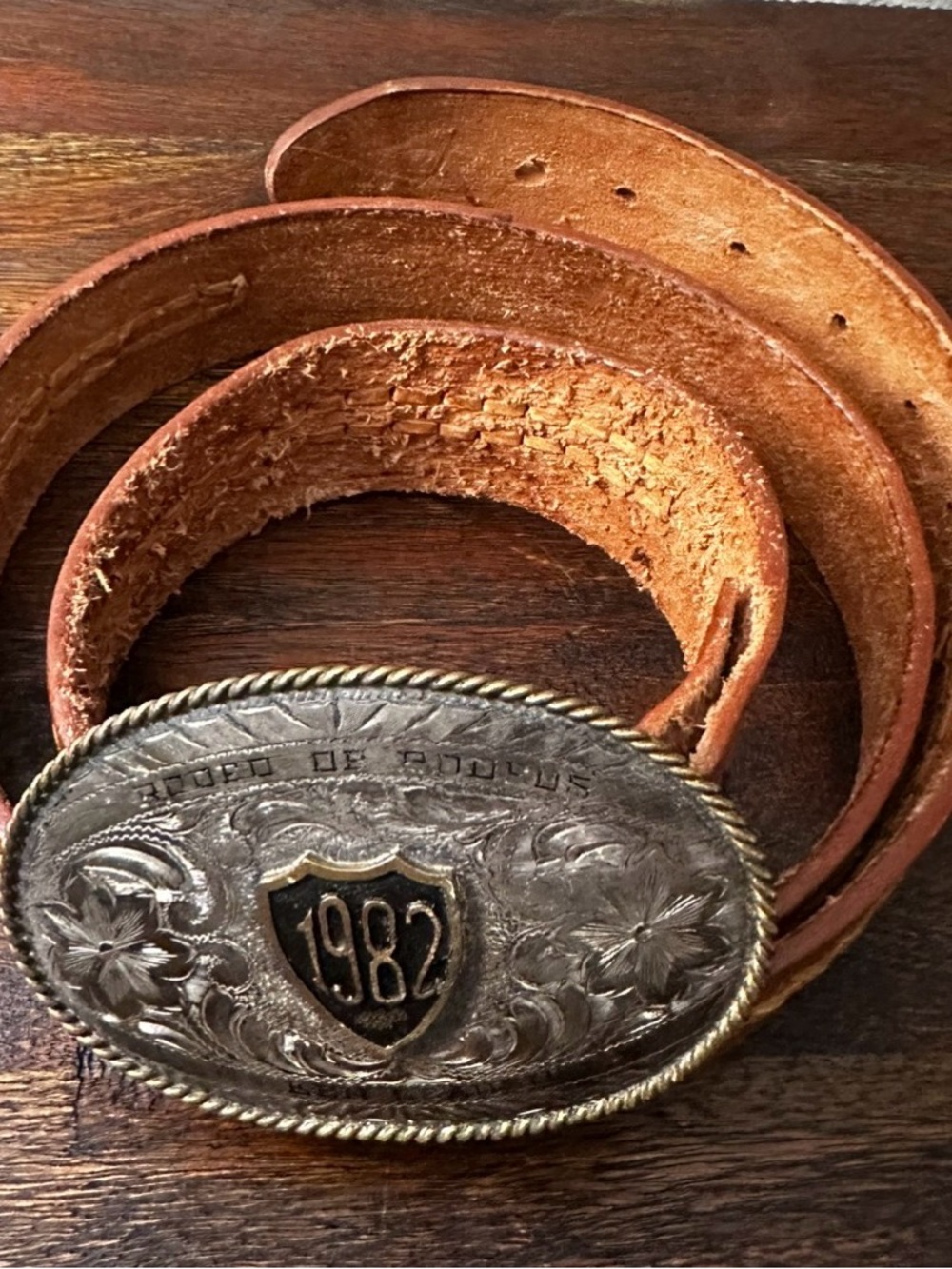 Vintage Leather Western Belt with‎ Rodeo1982 Buckle - size 44